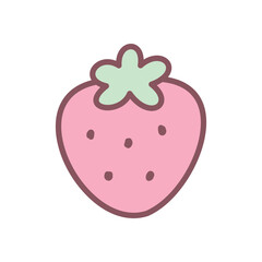 Cute strawberry icon. Hand drawn illustration of a pink strawberry with green leaves isolated on a white background. Kawaii sticker. Vector 10 EPS.