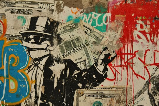 A painting capturing a man with money held tightly in his hand, symbolizing wealth and power, A graffiti-style representation of economic inequalities, AI Generated
