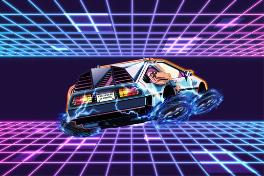 Retro futuristic time machine car levitating in the space-time continuum, 1980s