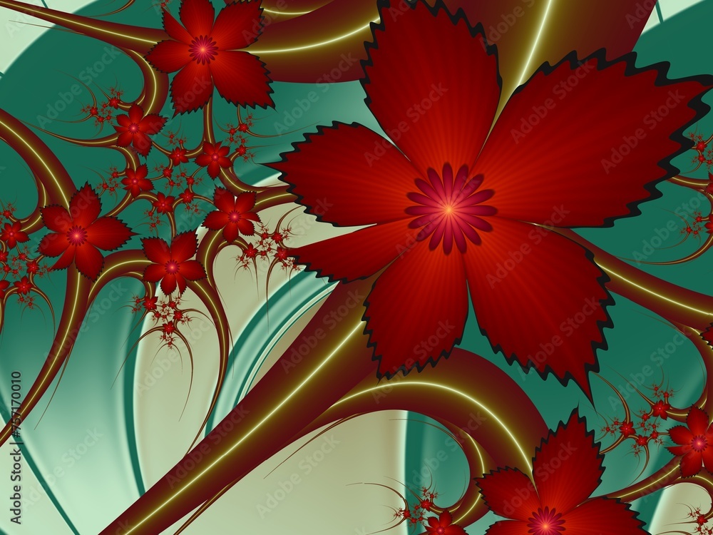 Poster Fractal image with flowers. Template with a place to insert text. Red background fractal illustration with flower. Fractal  image. Digital artwork for creative graphic design.