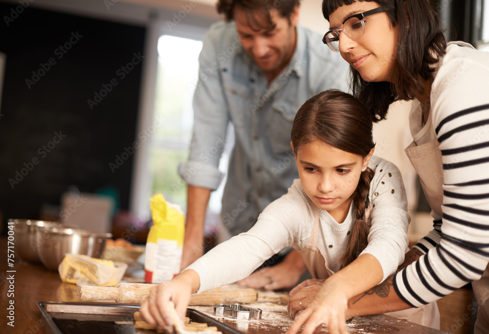 Sticker Mother, father and girl with baking cookies in kitchen with pan, happiness and teaching with support. Family, parents and child with helping, learning and bonding with cooking for dinner and snack