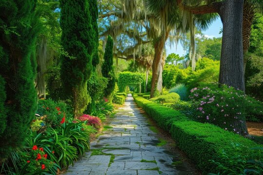 Pathway in Beautiful Green Park Leading Through Natures Oasis, A grand cypress walkway in a vibrant park during summer, AI Generated