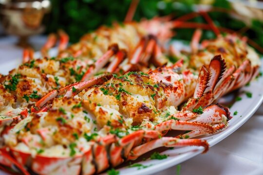 A close-up photo revealing a plate of succulent lobster placed on a table, showcasing a delectable and appetizing seafood experience, A grand display of lobster thermidor, AI Generated