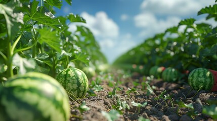 Watermelon growing in a lush watermelon plantation during the summer.
