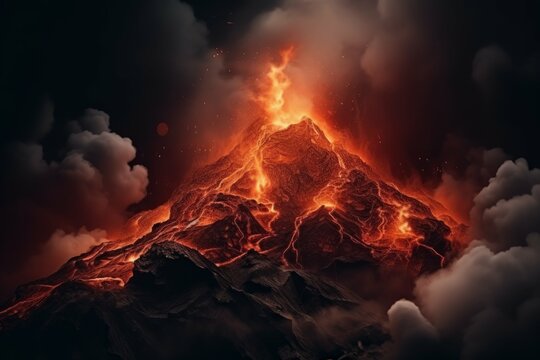 Abstract volcano with billowing smoke and molten lava