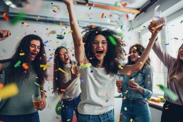 A group of women joyously celebrate, tossing confetti high into the air in a moment of pure happiness, A group of friends celebrating a successful product launch, AI Generated