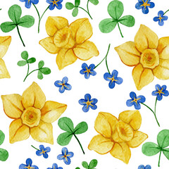 watercolor seamless pattern on the theme of Easter and spring. wild flowers on white background