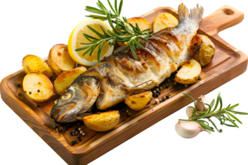 Roasted fish and potatoes, served on wooden tray isolated on transparent background