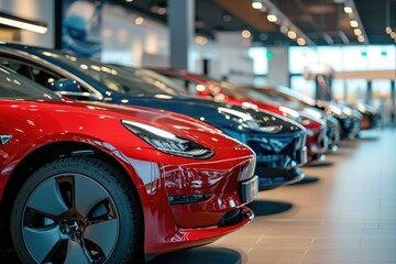 A diverse range of cars neatly arranged in a showroom, available for purchase, A group of modern electric cars of various models in a showroom, AI Generated - obrazy, fototapety, plakaty