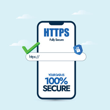 Secure HTTPS concept. Safe browsing and web surfing concept with mobile phone screen having search bar with Https written on it and padlock icon. SSL certificate to ensure data safety and security.