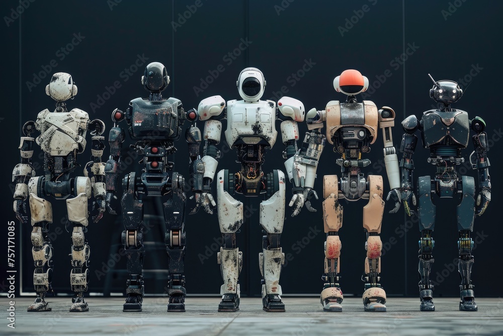 Poster a photo capturing a gathering of robots, standing shoulder to shoulder, a group of robots in various