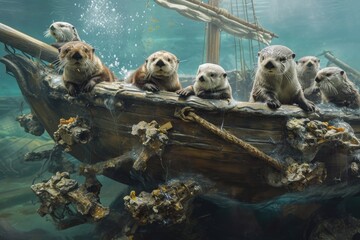 A group of otters is seen sitting on top of a wooden boat, A group of playful sea otters frolicking...