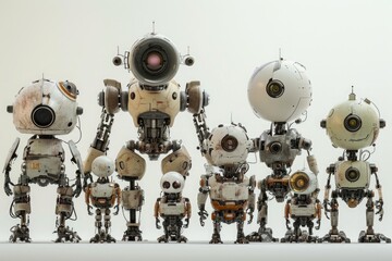 A group of robots standing in a row, ready to perform their programmed tasks, A group of robots in various states of completion, AI Generated