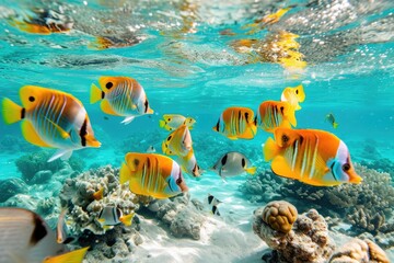 A lively group of fish glides gracefully through the vibrant coral reef, A group of vibrant tropical fish darting through crystal clear waters, AI Generated