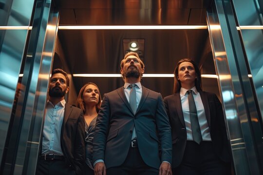 A diverse group of individuals standing together inside an elevator, A group of suit-clad business people in a modern glass elevator, AI Generated