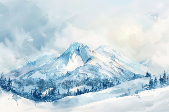 Snowy mountain watercolor drawing.