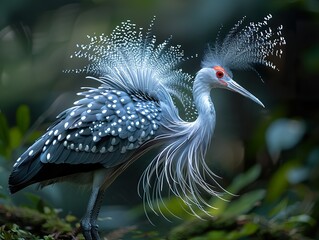 Naklejka premium A very beautiful long-tailed fullcolor bird dancing in the wilderness against a solid dark blue background