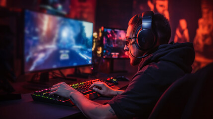 Side view of a Young Streamer Gamer, a man with headphones playing video games on a computer under...
