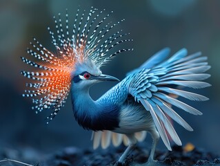 Naklejka premium A very beautiful long-tailed fullcolor bird dancing in the wilderness against a solid dark blue background