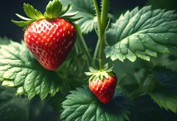 strawberry having a beautiful look on its plant - obrazy, fototapety, plakaty