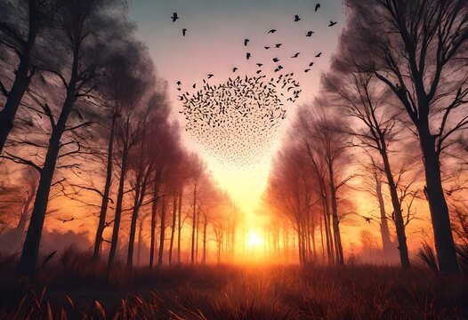 a thrilling image of sunset behind the trees with the birds flying to their nests