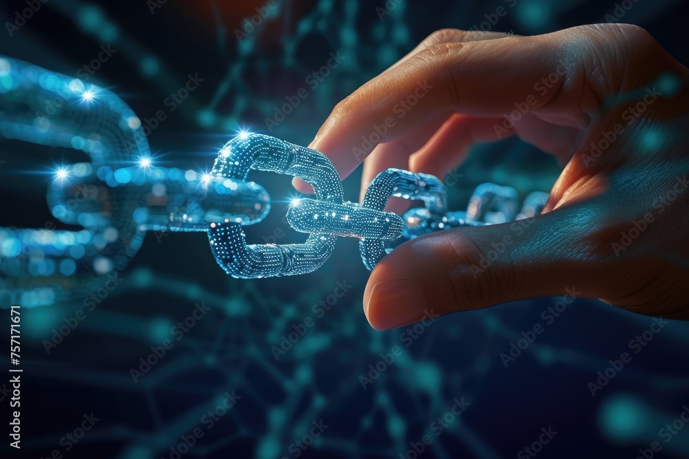 Poster in this photo, a hand is shown gripping a chain, symbolizing the connection between technology and n