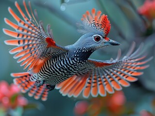 Fototapeta premium A very beautiful long-tailed fullcolor bird dancing in the wilderness against a solid dark blue background