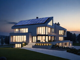 modern house with blue solar panels on the rooftop. end of the day, sunset