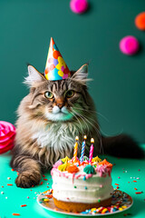 Cat wearing birthday hat sits in front of two birthday cakes with lit candles on them.