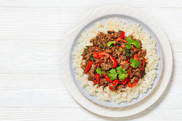 Thai holy basil stir fry with ground beef on plate