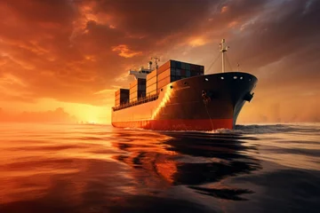 Fototapeten Cargo ship sailing through a calm sea at sunset © Michael Böhm