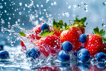 Blueberries and red strawberries splashing in water.