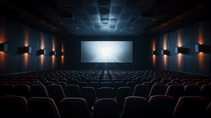 realistic view from the last rows on the light screen of the cinema, with modern design, in the dark