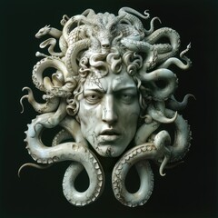 Fototapeta na wymiar A sculptural representation of Medusa, with lifelike details and textures on a black background - AI Generated Digital Art