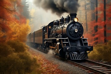 Vintage steam locomotive passing through a forest in autumn. - obrazy, fototapety, plakaty