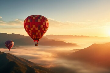 Fototapeta premium Hot air balloon floating over a misty valley at sunrise.