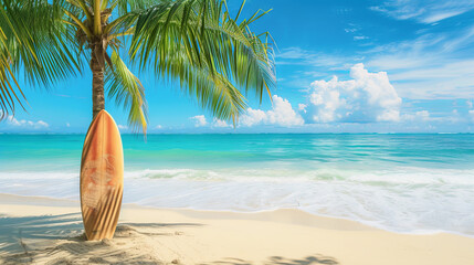 Near the turquoise waters of the ocean, a surfboard rests on a picturesque beach surrounded by swaying palm trees.