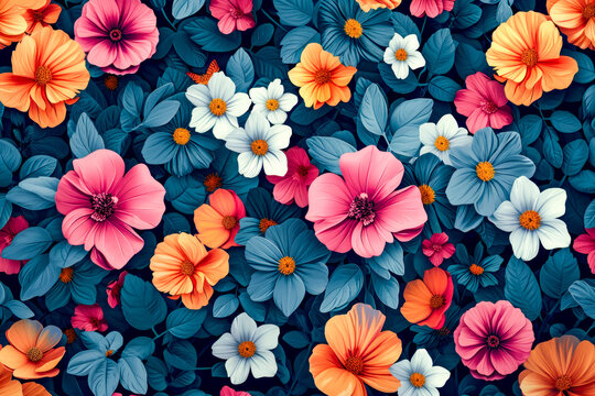 Flowery background featuring mix of bright and pastel shades including yellows pinks oranges and blues.