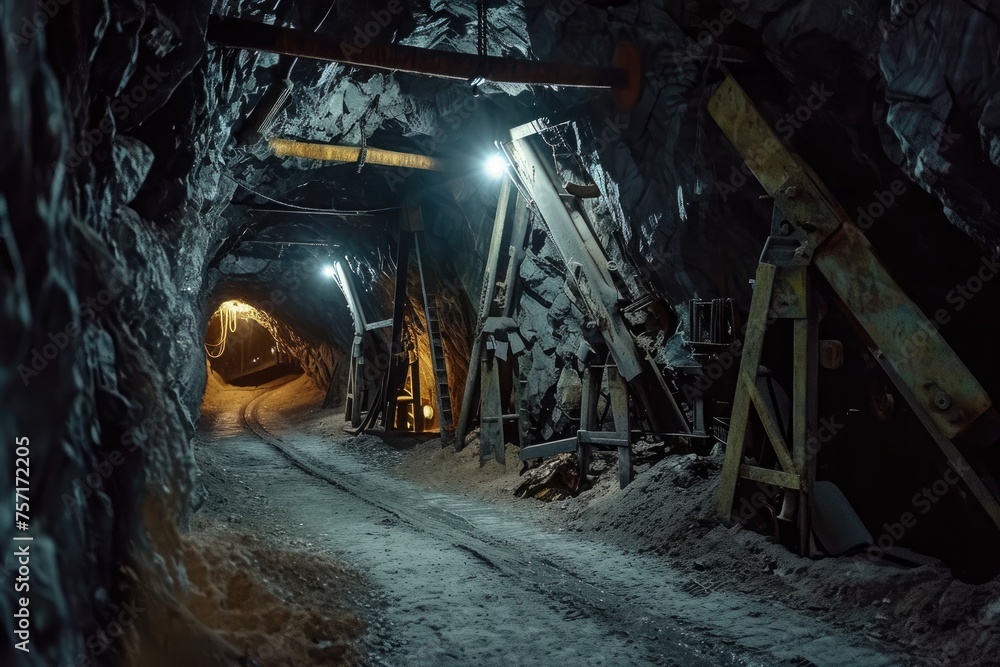 Sticker An urban train emerges from a tunnel, surrounded by the cityscape, creating a captivating moment, A haunted mine with ghost miners still working, AI Generated