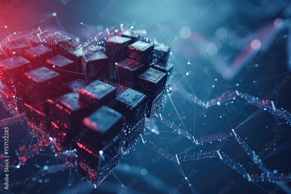 Poster computer generated image of cubes and lines, abstract geometric design, a heart made of blockchain b
