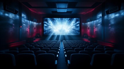 realistic view from the last rows on the light screen of the cinema, with modern design, in the dark