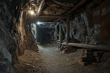A photo of a long, narrow tunnel with a bench placed in the center, faintly lit by dim lighting, A haunted mine with ghost miners still working, AI Generated - obrazy, fototapety, plakaty