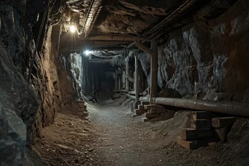 Fotobehang A photo of a long, narrow tunnel with a bench placed in the center, faintly lit by dim lighting, A haunted mine with ghost miners still working, AI Generated © Iftikhar alam