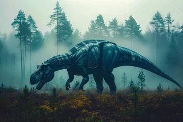 Tuinposter Dinosaur is walking through forest with tall trees and low hanging branches. © valentyn640