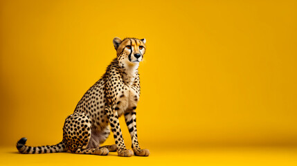 Cheetah is sitting in front of yellow background.