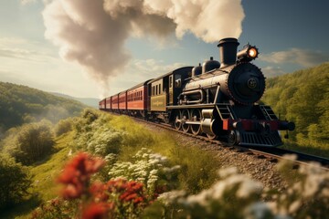 Vintage steam locomotive chugging through countryside - obrazy, fototapety, plakaty