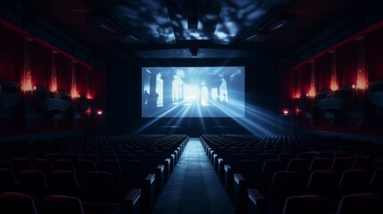 Naklejka premium realistic view from the last rows on the light screen of the cinema, with modern design, in the dark