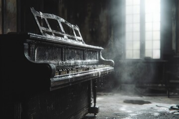 An atmospheric photo capturing an aged piano bathed in sunlight from a window in a dimly lit room, A haunting apparition of a pianist forever bound to an old, dust-covered grand piano, AI Generated