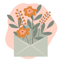 envelope with a bouquet of flowers. flat illustration. Valentines day card design. Cute postcard for mother.