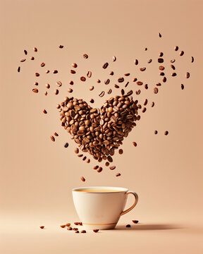Heart shaped coffee bean explosion above a cup of coffe on a pastel brown background. Joyful art installation. Minimal product promotion 